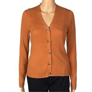 MADEWELL burnt orange Pointelle knit ribbed button cardigan sweater Small EUC